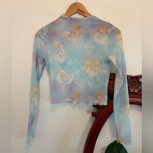 Forever 21 Pastel Blue Precious Moments Angel Print Cropped Sheer Long Sleeve